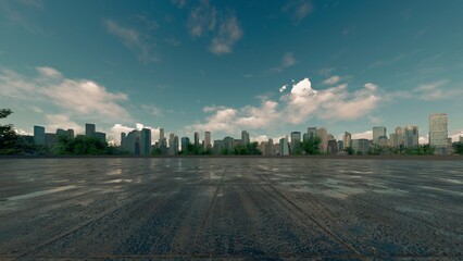 A warm-toned panoramic view of a modern cityscape under a partly cloudy sky, featuring a spacious,...