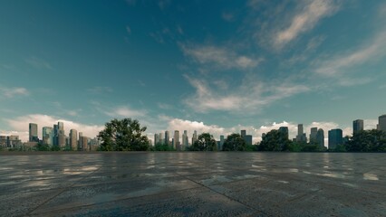 A warm-toned panoramic view of a modern cityscape under a partly cloudy sky, featuring a spacious,...