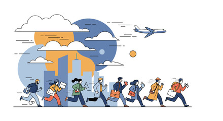 Busy urban commuters rush to catch their flights with excitement for new adventures ahead in the city