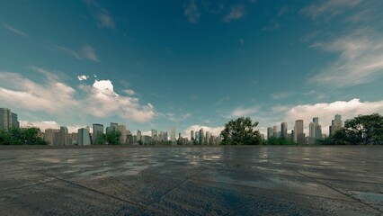 A warm-toned panoramic view of a modern cityscape under a partly cloudy sky, featuring a spacious,...