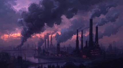 Obraz premium Industrial cityscape at dusk, smog-filled sky
