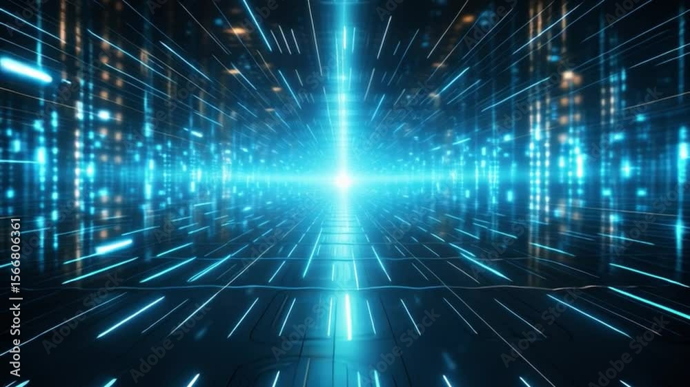 Poster Digital realm tunnel of light: An abstract journey through cyberspace with a tunnel made of bright blue and white light rays.