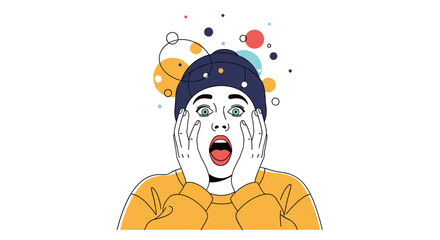 Naklejka premium Surprised person reacting to unexpected news with colorful shapes floating above their head