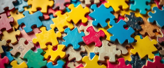 Close-up of scattered puzzle pieces, some fitting, others not, representing mental health complexities,  disconnection,  connection