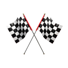 Two crossed checkered racing flags with red poles isolated on transparent background