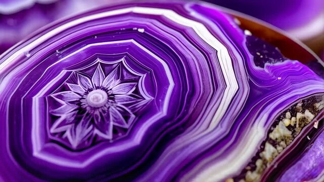 Close-up of abstract purple and white agate stone with symmetrical floral pattern and wavy layers
