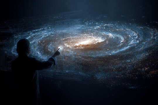 Futuristic 3D hologram of the Milky Way galaxy projected in a dark room by a scientist or AI interface space around the projectio