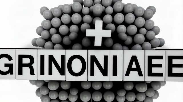 UNGRI IONIA AEE OE spelled out with cubes, surrounded by grey spheres on a white background, abstract text