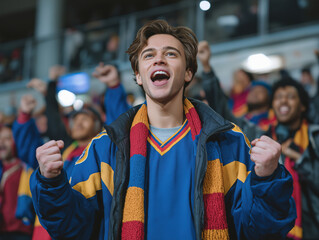 Young male sports fan celebrating enthusiastically in a crowded stadium, wearing colorful team apparel, showcasing excitement and team spirit during a live event atmosphere