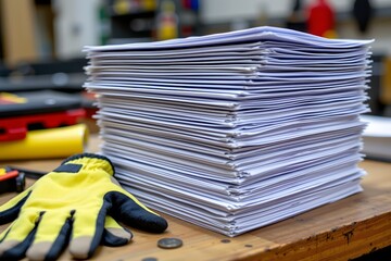 Piles of Paperwork: A close-up shot showcases a towering stack of neatly arranged documents, implying the meticulous and diligent approach to detail in the process.