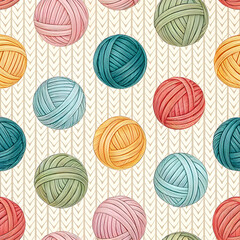 Fototapeta premium “Seamless pattern of realistic yarn balls in various soft colors, overlapping on cream knit-textured background”