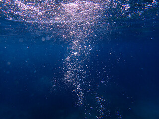 Bubbles under the sea in the crystal clear green sea water. Mediterranean sea bubbles, Air bubbles...