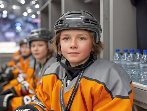 Young hockey player wearing orange and gray uniform sits on bench, focused and ready for game, with teammates and water bottles visible in the background, showcasing sportsmanship and teamwork