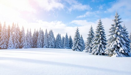 Snow-covered evergreen trees in a bright, sunny, winter landscape