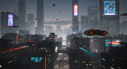Futuristic cityscape with flying vehicles, neon signs, and towering buildings.