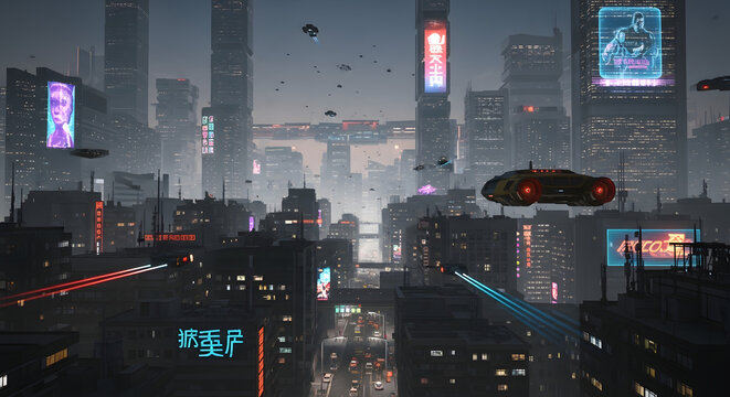 Futuristic cityscape with flying vehicles, neon signs, and towering buildings.