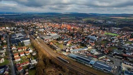 Aerial view of the downtown of the city Alsfeld, 36304 in Germany on a sunny afternoon in autumn