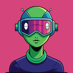 Futuristic Alien Head with VR Headset and Glitch Effects. Cyberpunk Digital Art, Sci-Fi Virtual Reality Techno Illustration.