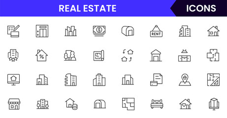 Real Estate vector web line icon collection, sleek illustrations of houses, apartments, keys, and property symbols for professional designs.