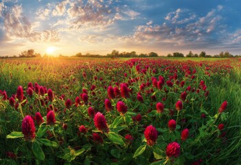 Obraz premium Vibrant Crimson Clover Field Under a Golden Sunrise Sky with Dramatic Clouds and Green Grass