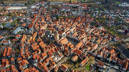 Aerial view of the downtown of the city Alsfeld, 36304 in Germany on a sunny afternoon in autumn