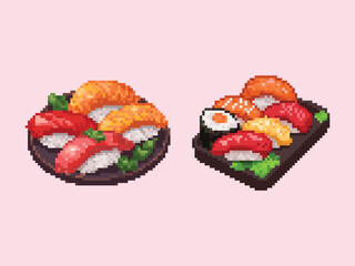 Pixel Art Sushi Platter Set Japanese Food Icons. A detailed set of 8-bit style pixel art sushi platters, showcasing traditional Japanese cuisine.