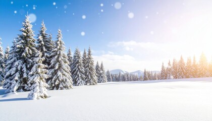 Snowy landscape with frosted evergreen trees under a bright sky
