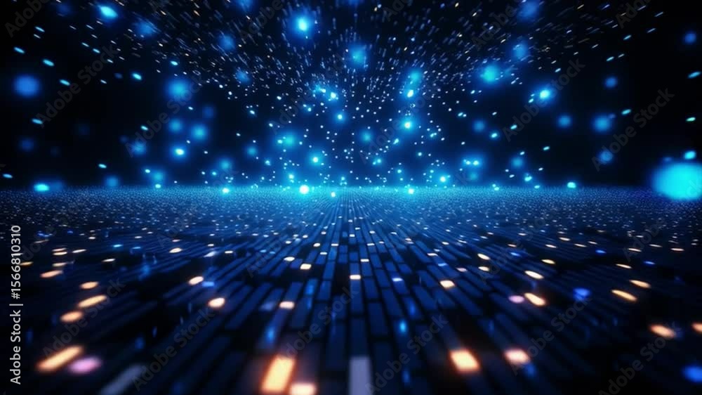 Aufkleber Digital Data Stream: A dynamic visualization of data streams flowing across a futuristic landscape.