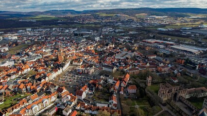 Aerial view of the downtown of the city Bad Hersfeld, in Germany on a sunny noon in autumn