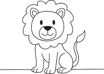 Smiling lion line art cartoon sketch with mane detail isolated on white