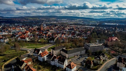 Aerial view of the downtown of the city Bad Hersfeld, in Germany on a sunny noon in autumn