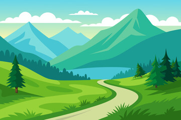 Fototapeta premium Scenic Dirt Road Through Lush Green Valley and Misty Mountains