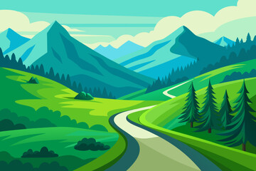 Scenic Dirt Road Through Lush Green Valley and Misty Mountains