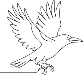 Flying raven illustration in clean black line art style on white background