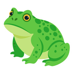 Obraz premium Cartoon green frog sitting. Cute toad. Suitable for children's books,fairy tale, sticker, mascot, logo.Isolated vector illustration on white background. Side view.