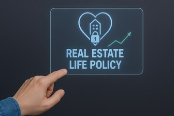 Fototapeta premium Real estate life policy concept with hand pointing at virtual screen showing house inside heart and lock symbol with upward arrow, representing security and growth