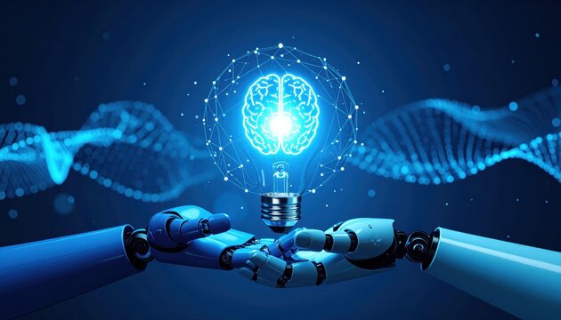 Robotic arms cradle glowing brain-shaped lightbulb