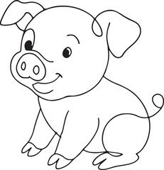 Baby pig cartoon sketch smiling in outlined line drawing isolated on white