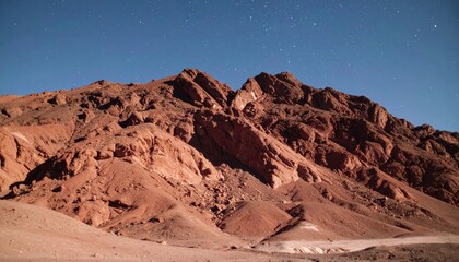 Stark reddish-brown mountains under a starry night sky