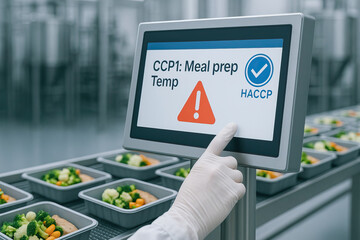 Food safety Meal preparation Temperature control HACCP Food processing Factory Conveyor belt Gloved hand Digital screen Warning sign Industrial kitchen Healthy meal Broccoli Carrot Cauliflower
