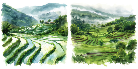 rice paddies in the mist watercolor vector illustration © Dar