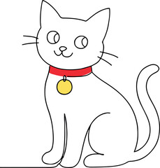 Outlined cat cartoon wearing red collar with gold tag on white illustration