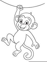 Baby monkey swinging cartoon illustration in playful pose line art style