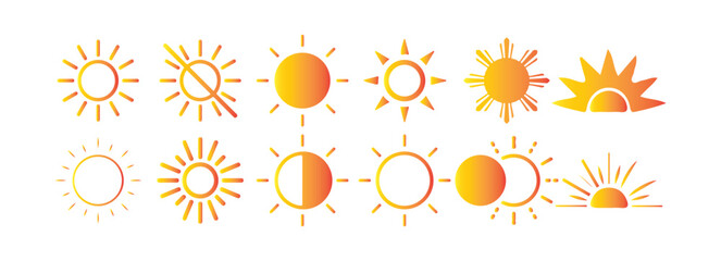 Colorful Sun and Sunset Icons Set. Summer, Sunrise, and Weather Symbol Collection. 