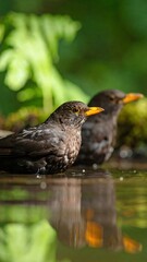 Obraz premium Two dark birds sit by water, reflecting green foliage nearby