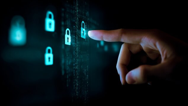 Digital Security Concept Hand Interacting with Lock Icons in Binary Code - Powered by Adobe