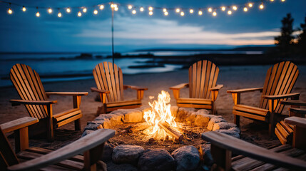Fototapeta premium Beach bonfire with wooden chairs arranged in circle on sandy shore under string lights at dusk, creating warm and inviting atmosphere by water