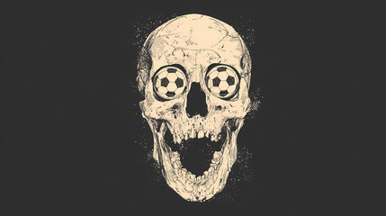 fractured iconography. | sharp edge masking | mid-century advertising | brutalist graphics | Vintage screaming skull football design; eyes replaced with soccer balls, silkscreen style, vintage