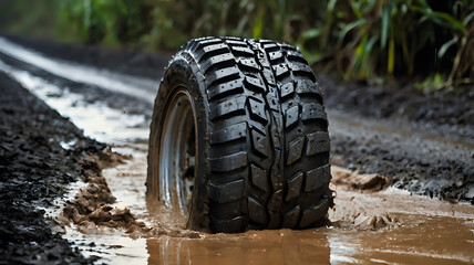Obraz premium “A close-up of a muddy tyre in the rain on a rough dirt road