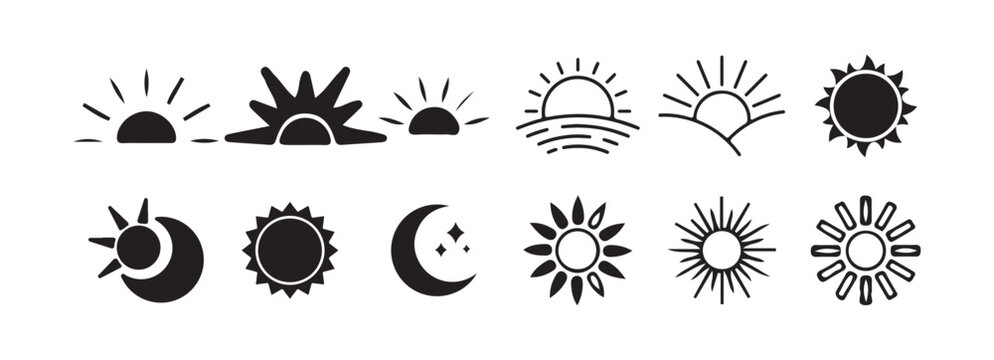 Black Sun Icon Set. Weather Symbols and Sun Silhouettes Collection. Victor illustration eps10
